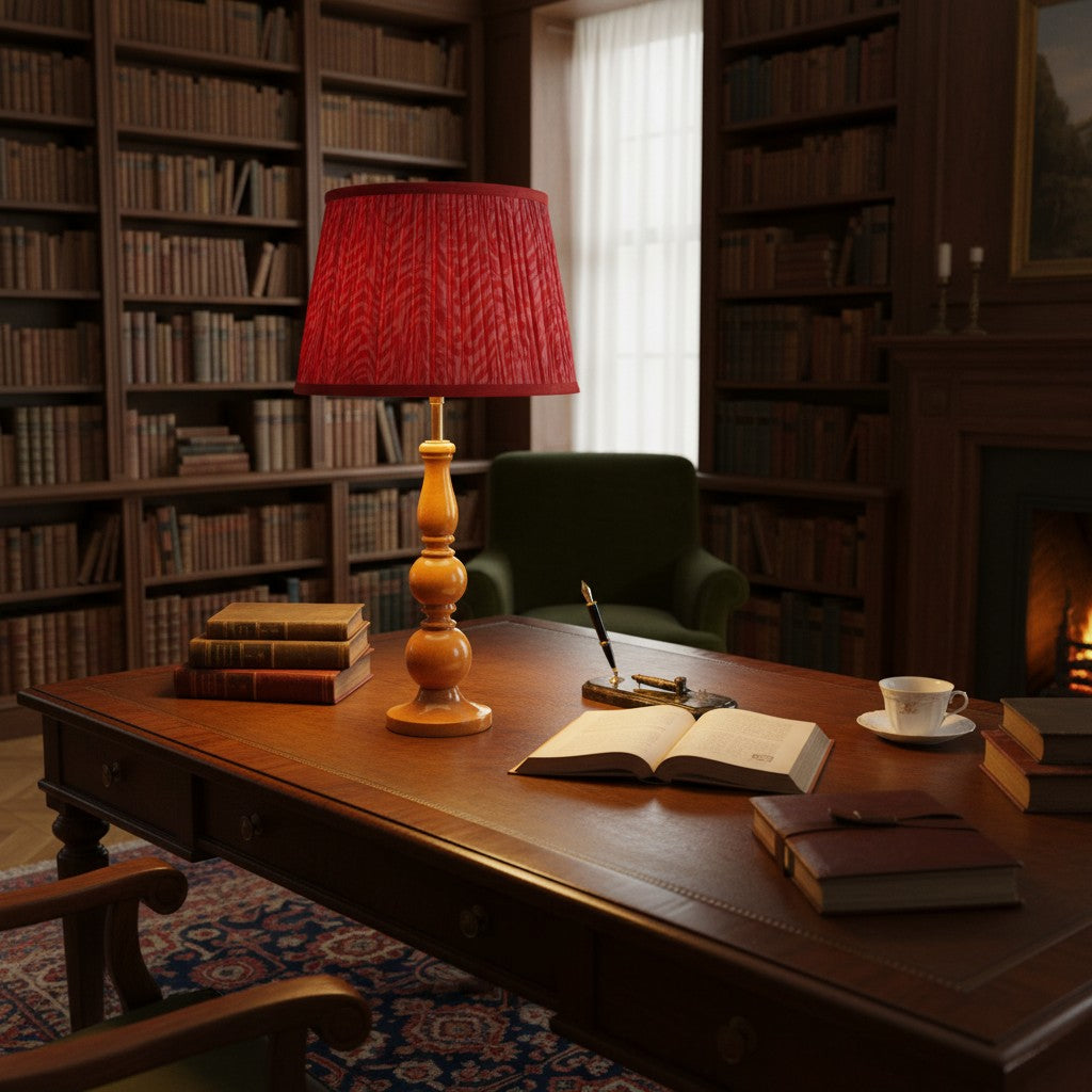 Lampe de table sculpturale Grainora avec base en grain de bois naturel et abat-jour en tissu pour intérieurs chaleureux