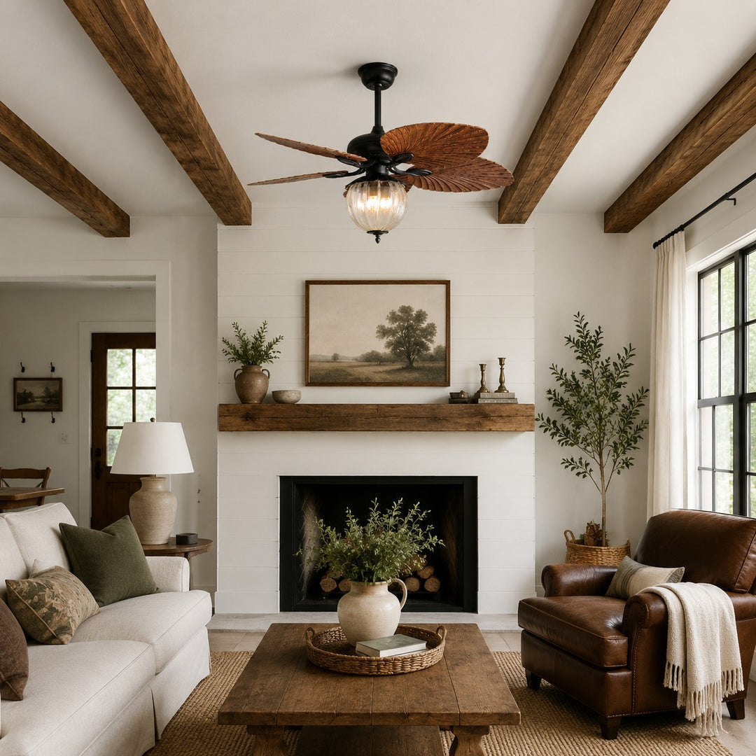 Konoha and Banana Leaf Wooden Ceiling Fan Light