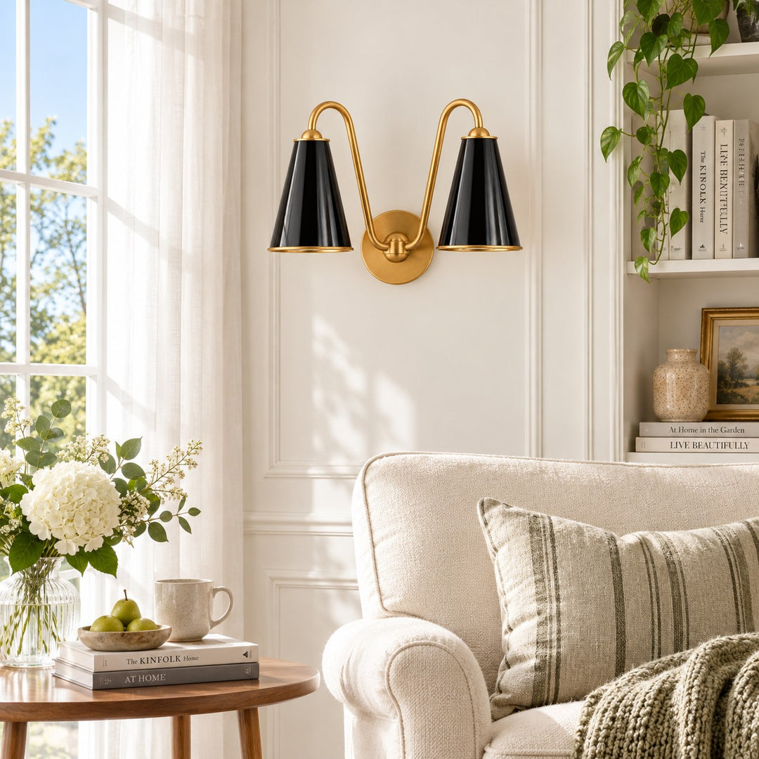Twin Shade Brass Arm Brass Plate Wall Light