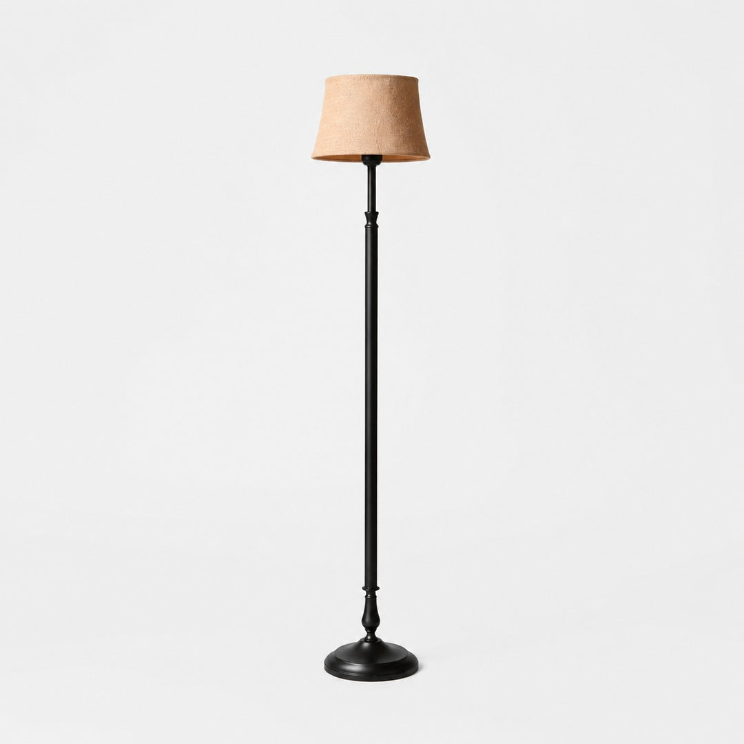 Vintage black iron floor lamp with natural linen shade