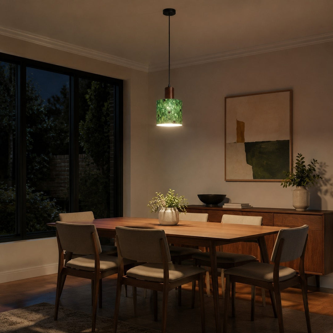 Green patterned fabric pendant light in an evening dining room