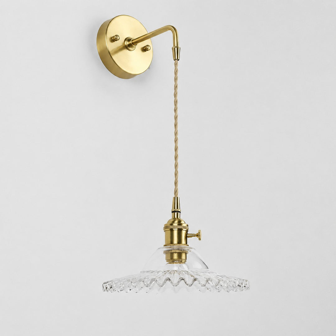 High clear glass wall light with brass arm, 912TW shade 7 cm high and 22 cm diameter
