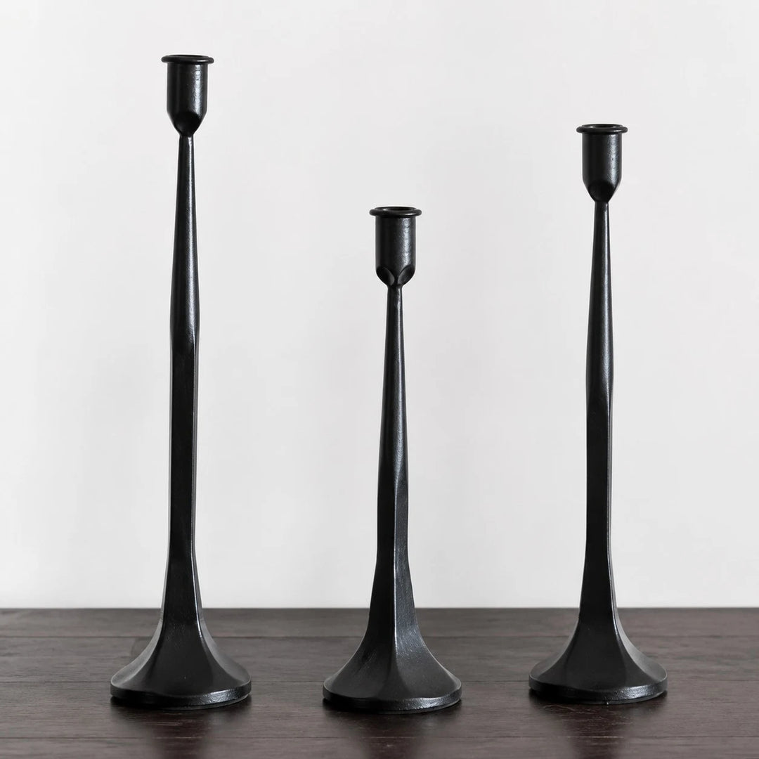 Three piece black iron candle holder set without candles