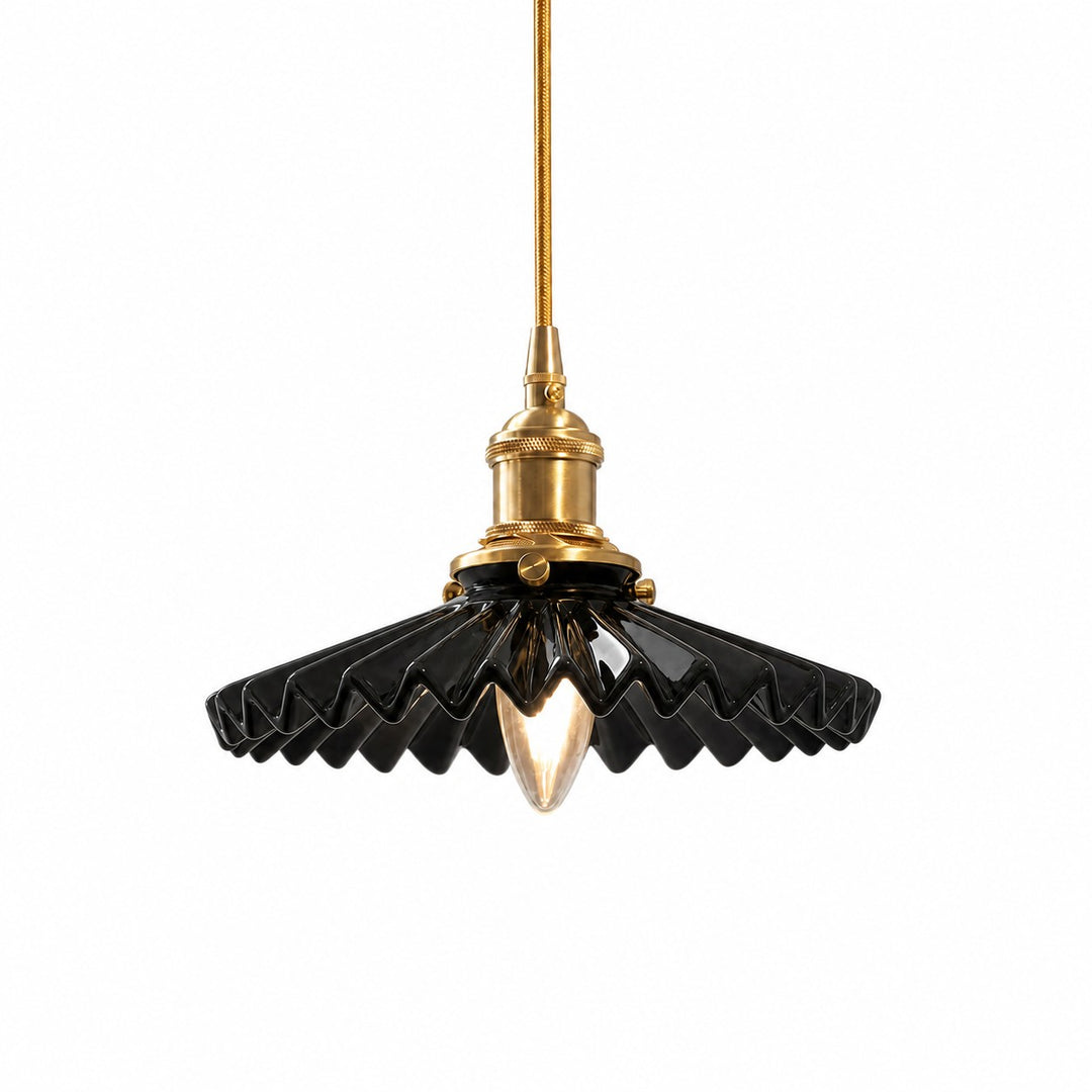 Black pleated ceramic pendant light with brass-finish base