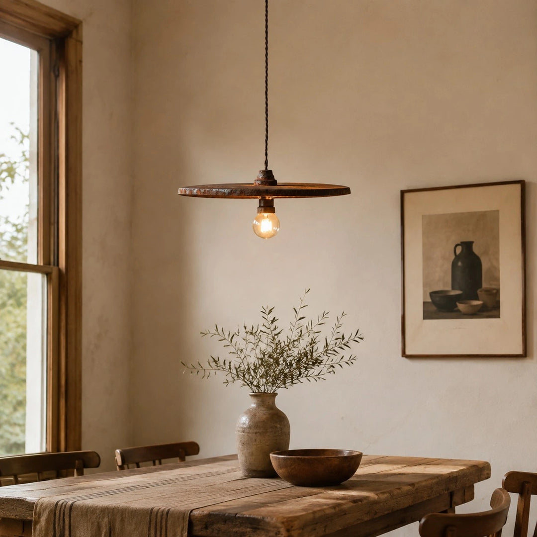 Rust brown pendant light over a wooden dining table