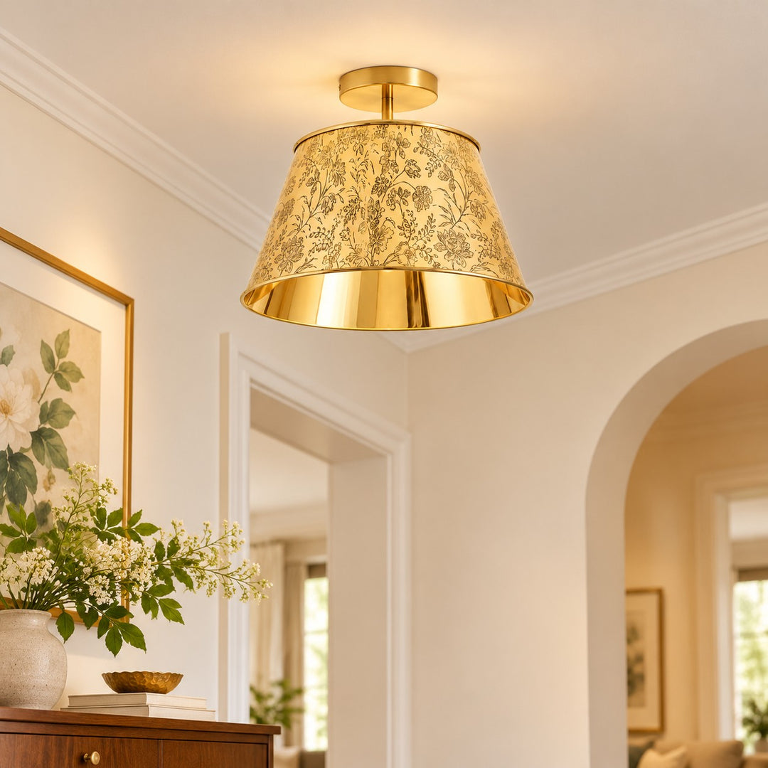 Cone Shade Floral Etching Antique Brass Flush Mount