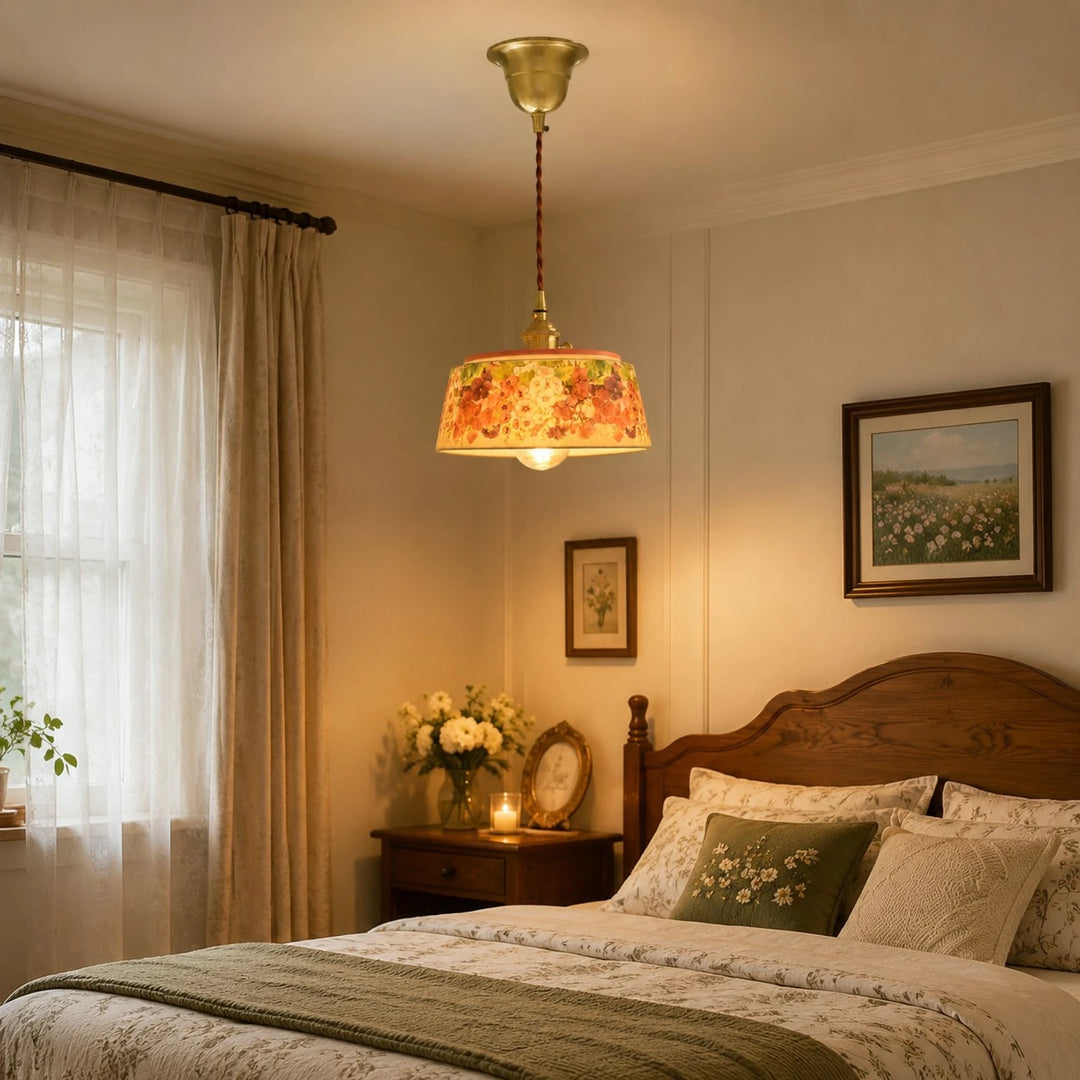 Vintage floral ceramic pendant light detail and room view