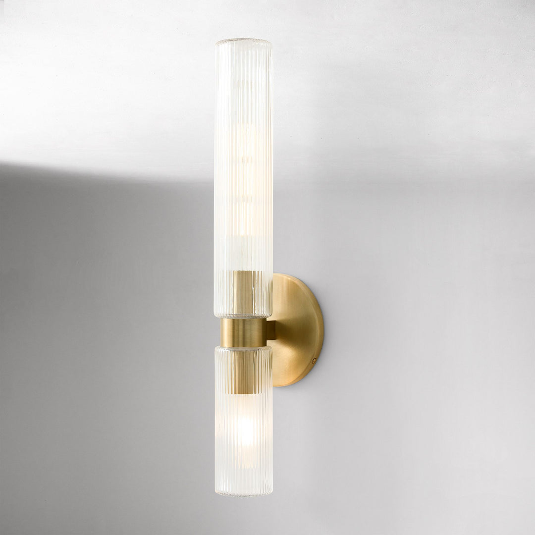 Applique murale Rivora en tube de verre strié – Luminaire double tube en laiton cannelé