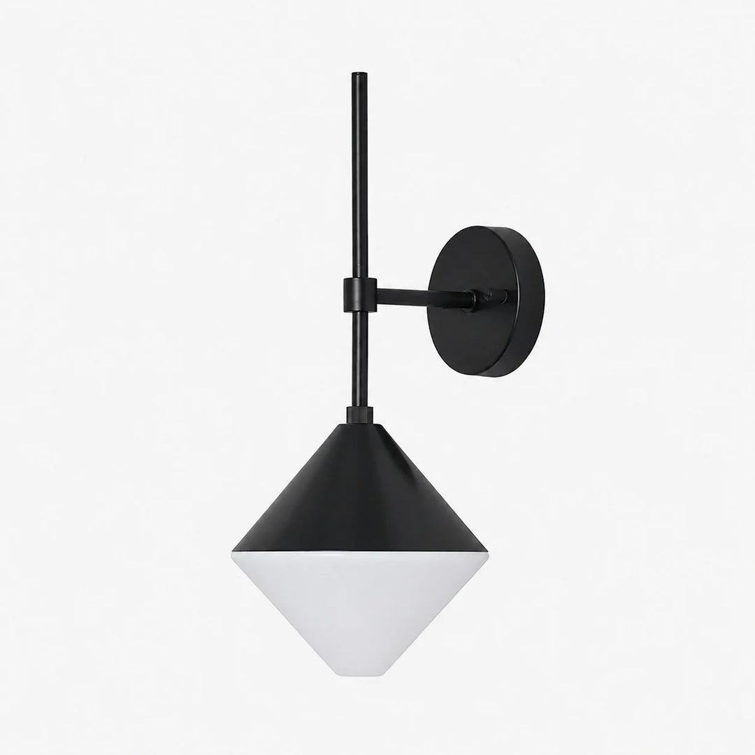 black finish wall sconce with white lower shade angled view