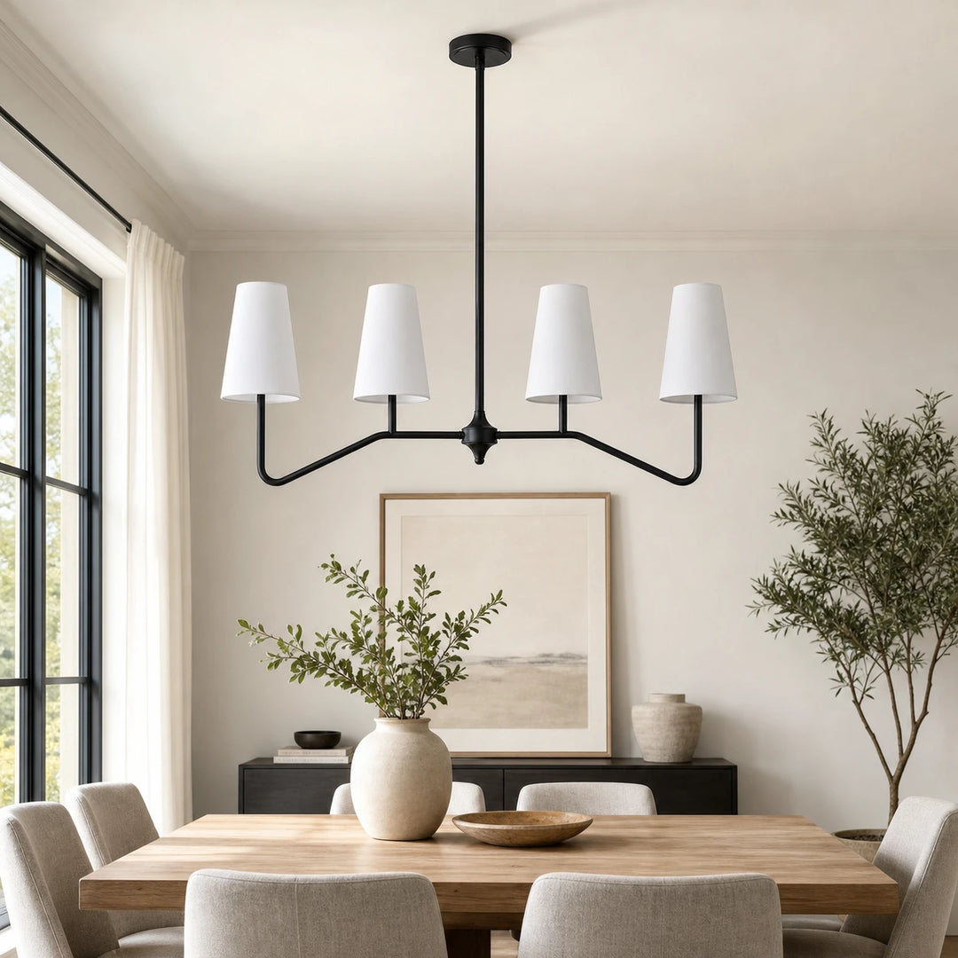 Strellux black linear chandelier in a dining room scene