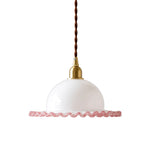 Charger l'image dans la visionneuse de galerie, pendant version with brass holder and pink rimmed ruffled glass shade