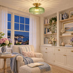 Charger l'image dans la visionneuse de galerie, Green ribbed glass ceiling light in a relaxed living space