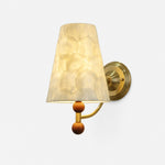Bild in Gallery-Viewer laden, Capiz shell LED wall sconce with brass-tone frame and wood accents