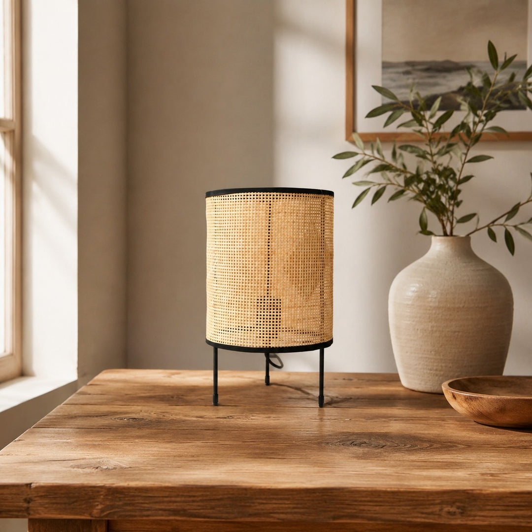 natural woven LED table lamp in a warm room setting