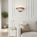Load image into Gallery viewer, TF Layered Glass and Curved Metal Arm Wall Lamp – Transitional Art Deco Wall Sconce for Bedroom and Entryway