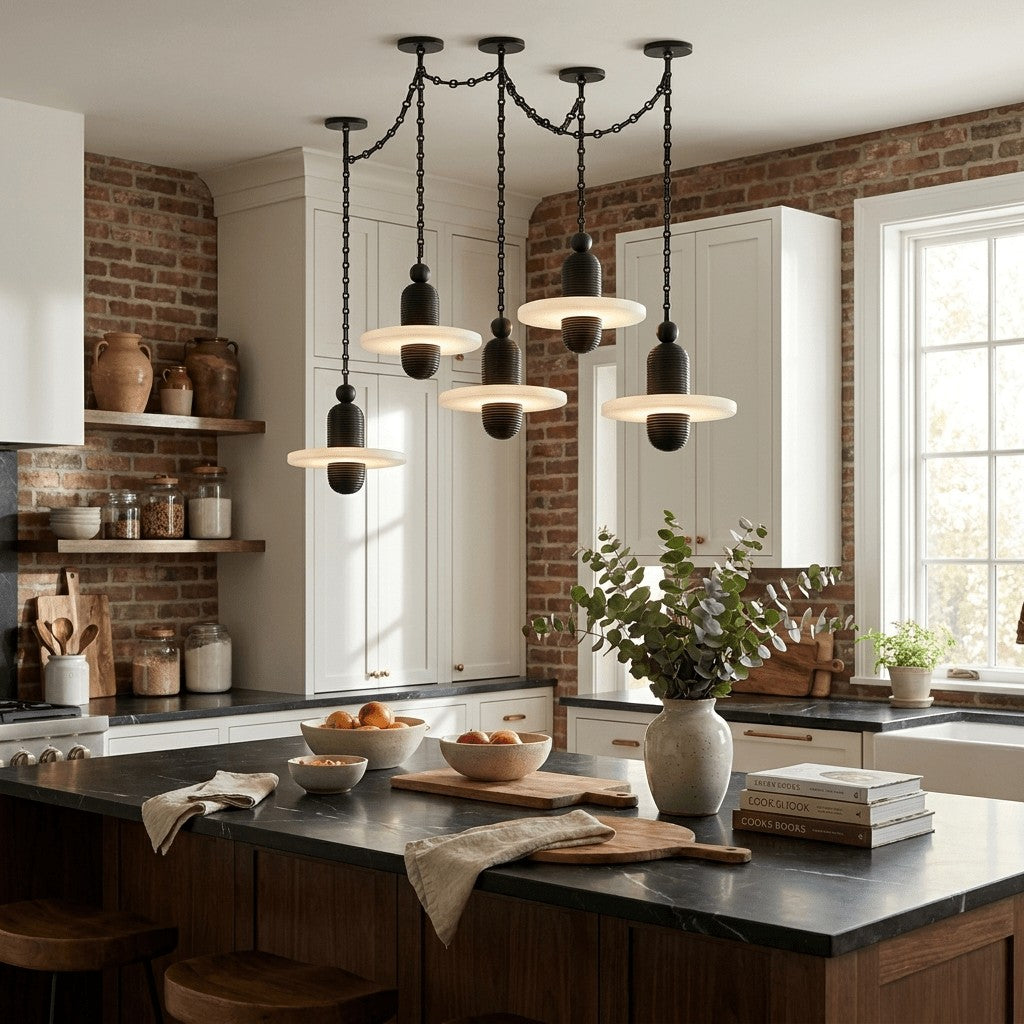 Black Metal Alabaster Chain-Hung Chandelier