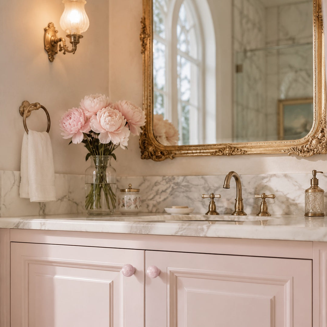 Blush pink cabinet knobs in a bathroom