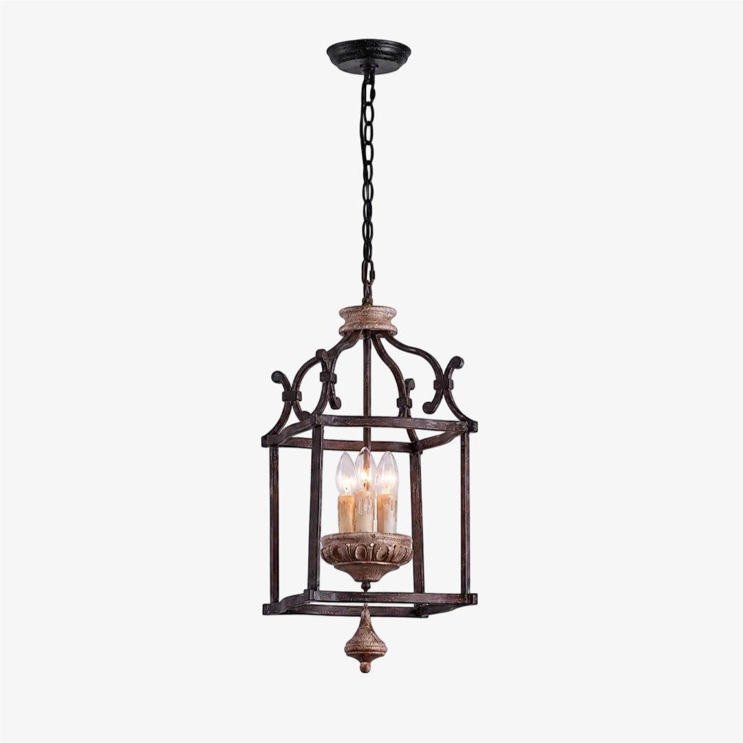 Rustic birdcage pendant lamp with iron frame and wood accent