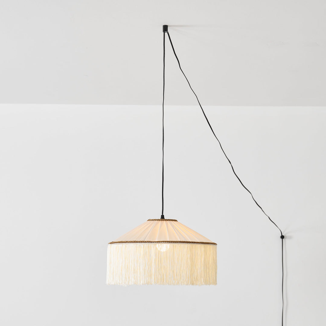 Beige Pleated Fabric Fringe Plug-In Pendant