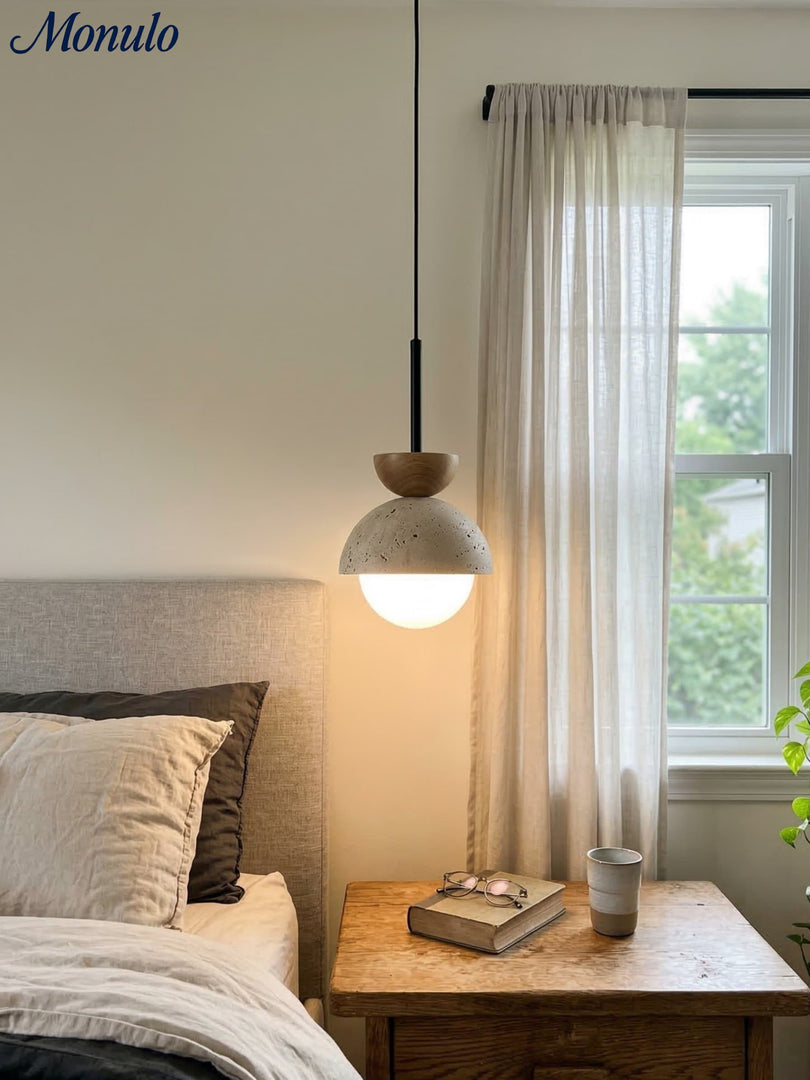 Modern Minimalist Hemisphere Travertine Wood Pendant Lamp