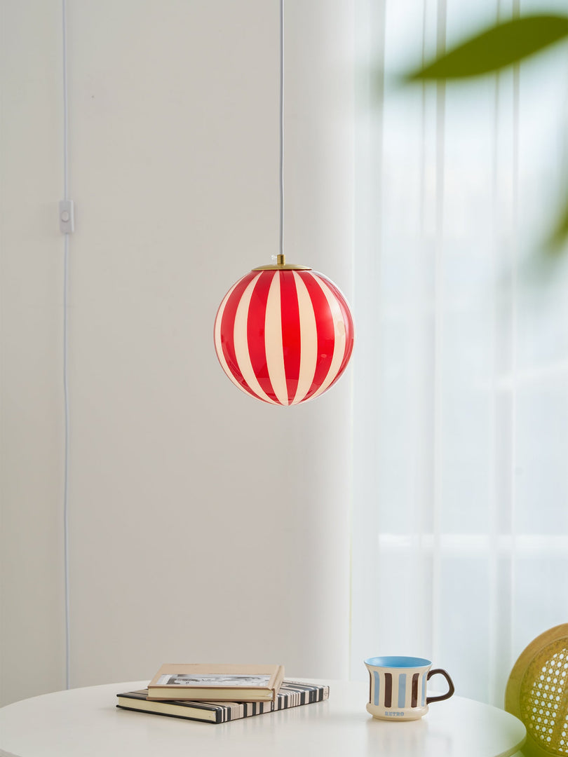 Red Striped Glass Globe Hardwired Pendant