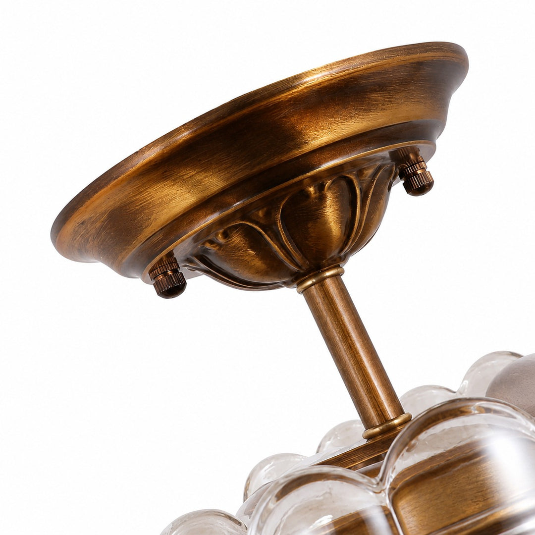 Floral Brass and Amber Glass Semi-Flush Ceiling Light