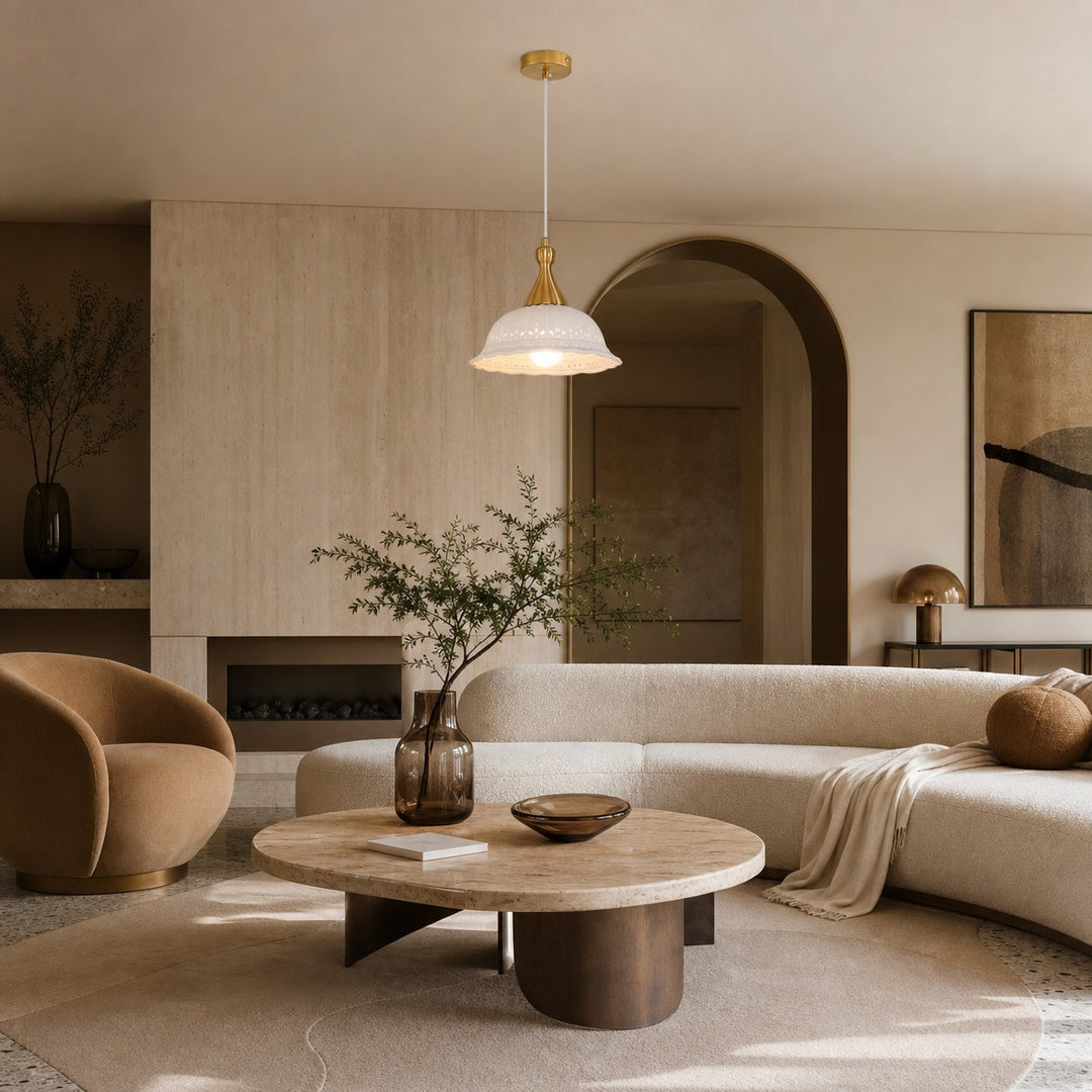 White pendant chandelier above a low table