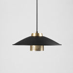 Bild in Gallery-Viewer laden, Black and antique brass metal pendant light with wide conical shade on a white background