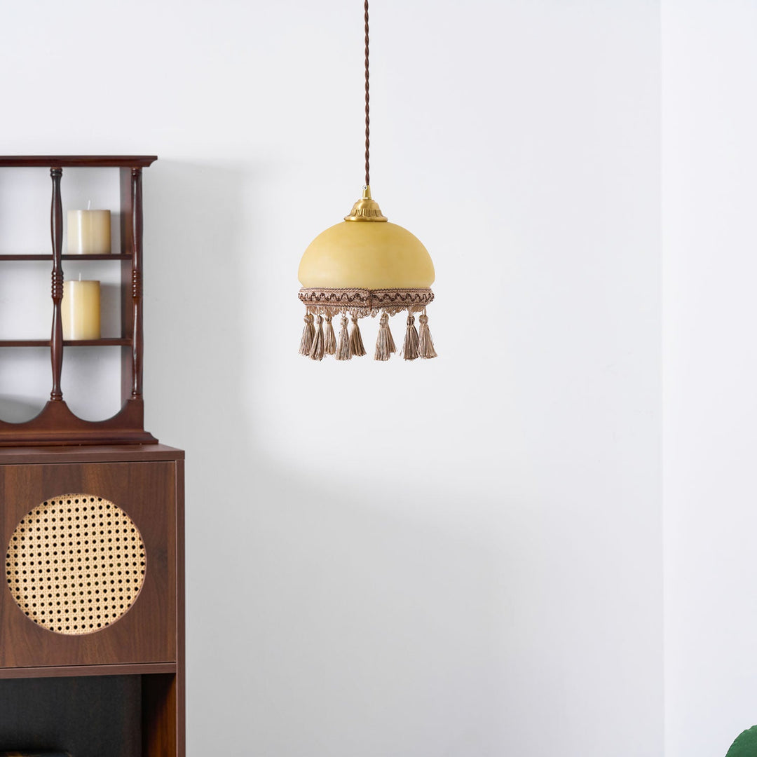 Tasseled Brass Glass Swag Pendant Light