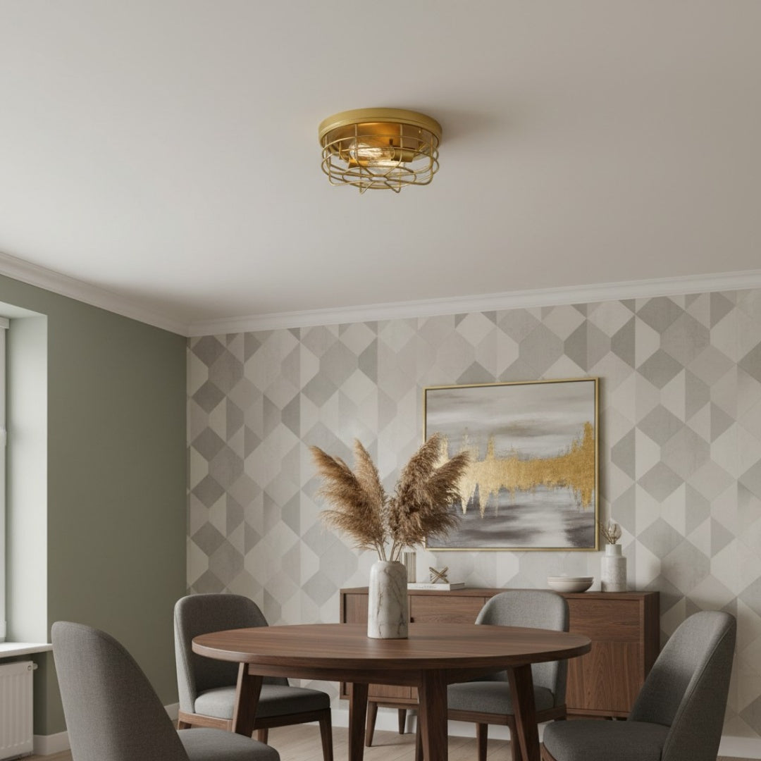 Lámpara de Techo Redonda con Jaula de Metal Gridray Estilo Industrial – Iluminación Interior para Cocina y Entrada