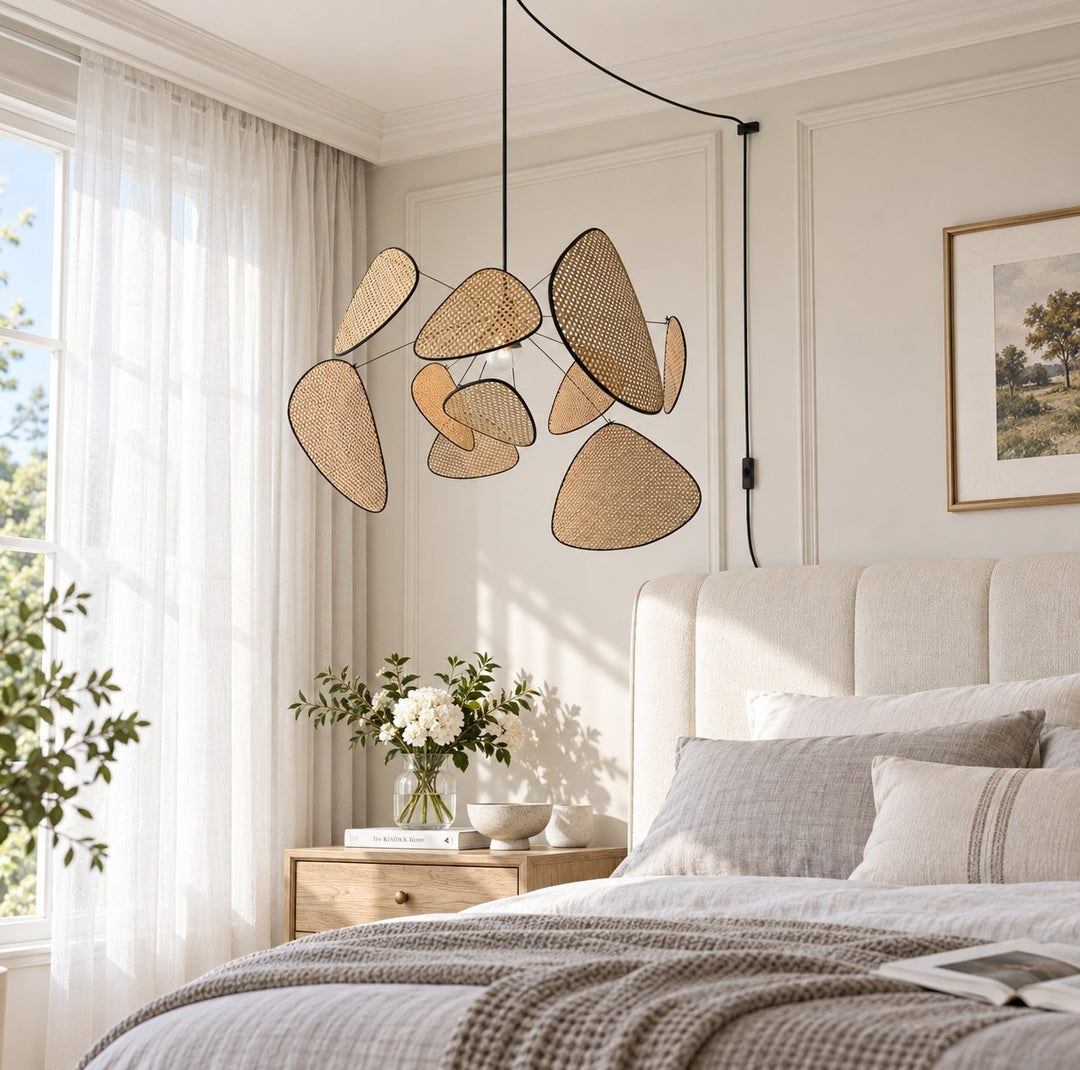 Layered Rattan Chandelier With Plug-In Cord
