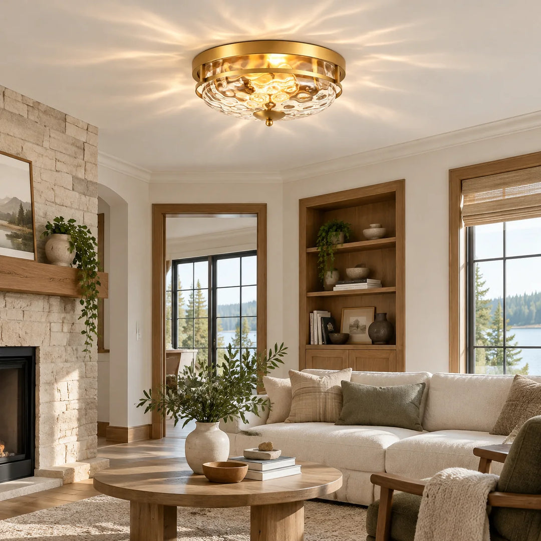 Hammered Glass Flush Ceiling Light with three finishes and a broad glass shade - New2609-1024589 interior scene