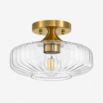 Charger l'image dans la visionneuse de galerie, Clear small ribbed glass semi-flush ceiling light with brushed brass canopy