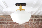 Charger l&#39;image dans la visionneuse de galerie, Geotower Glass Brass Ceiling Light - Opal Glass Schoolhouse Shade - Modern Elegance
