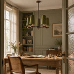 Charger l'image dans la visionneuse de galerie, 5-light Hour Rho chandelier in green velvet styled in a warm interior