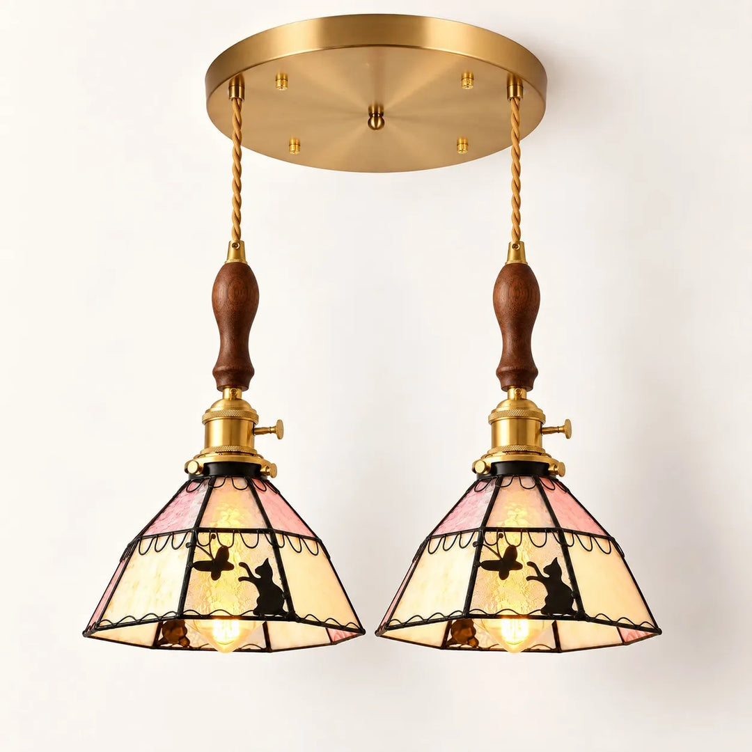 Cat and Butterfly Stained Glass Pendant Light