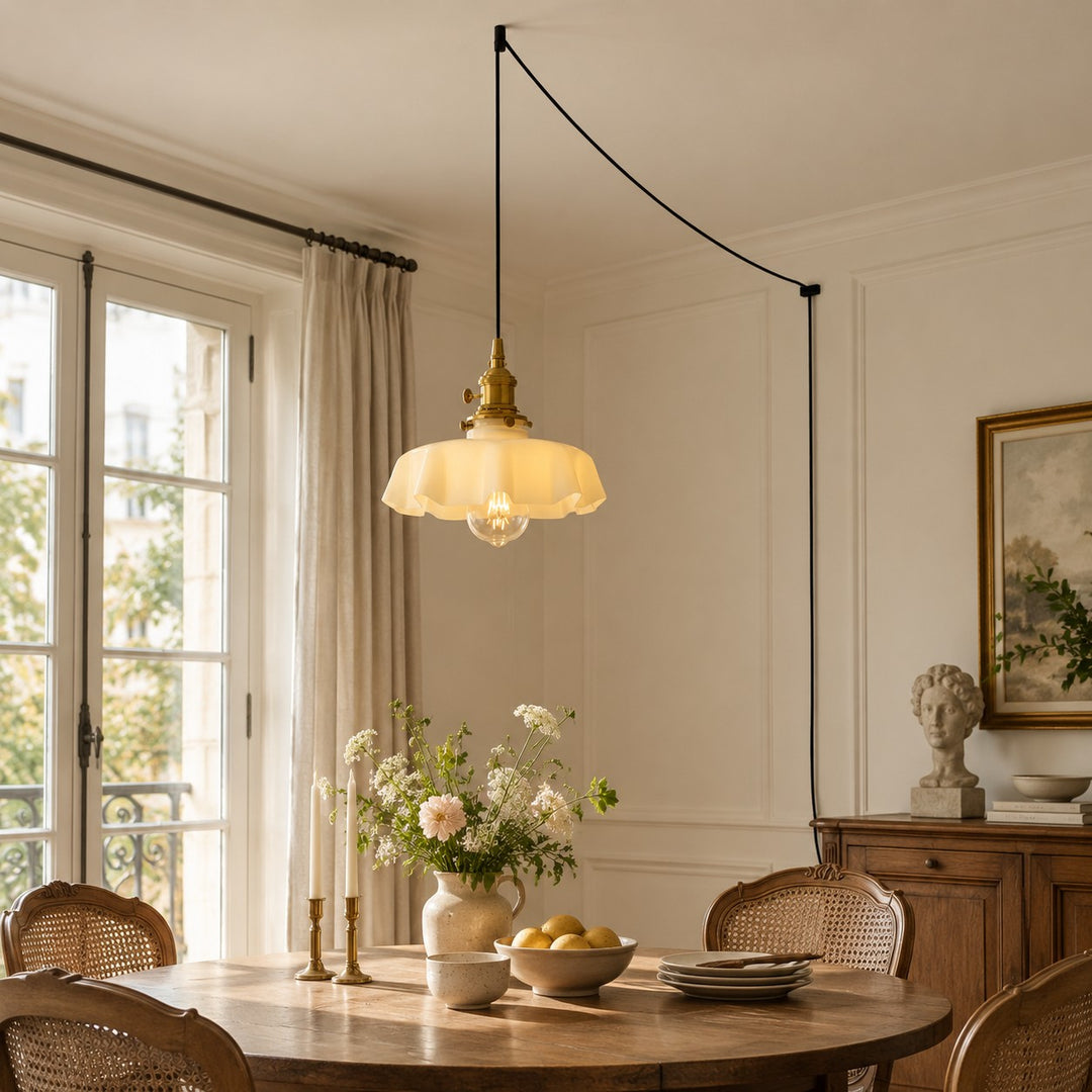 Pleated Glass Antique Brass Plug-In Swag Pendant