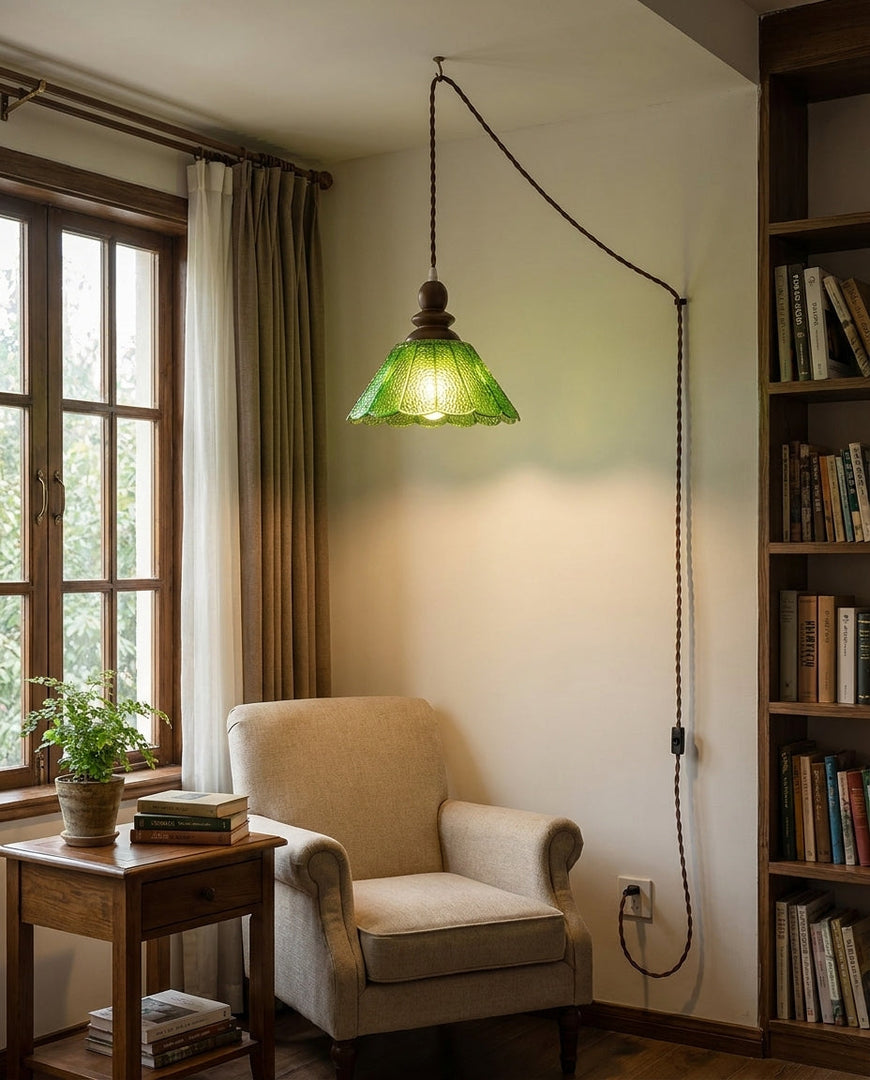 Natural Wood And Glass Plug-In Pendant