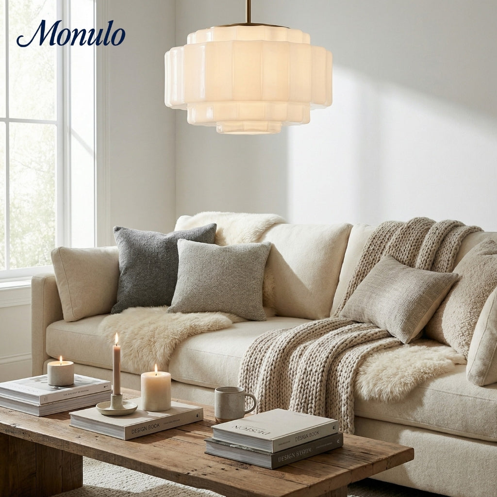 Geotower Glass Tiered Opal Pendant Light - Art Deco Vintage Style Ceiling Lamp for Living and Dining Areas