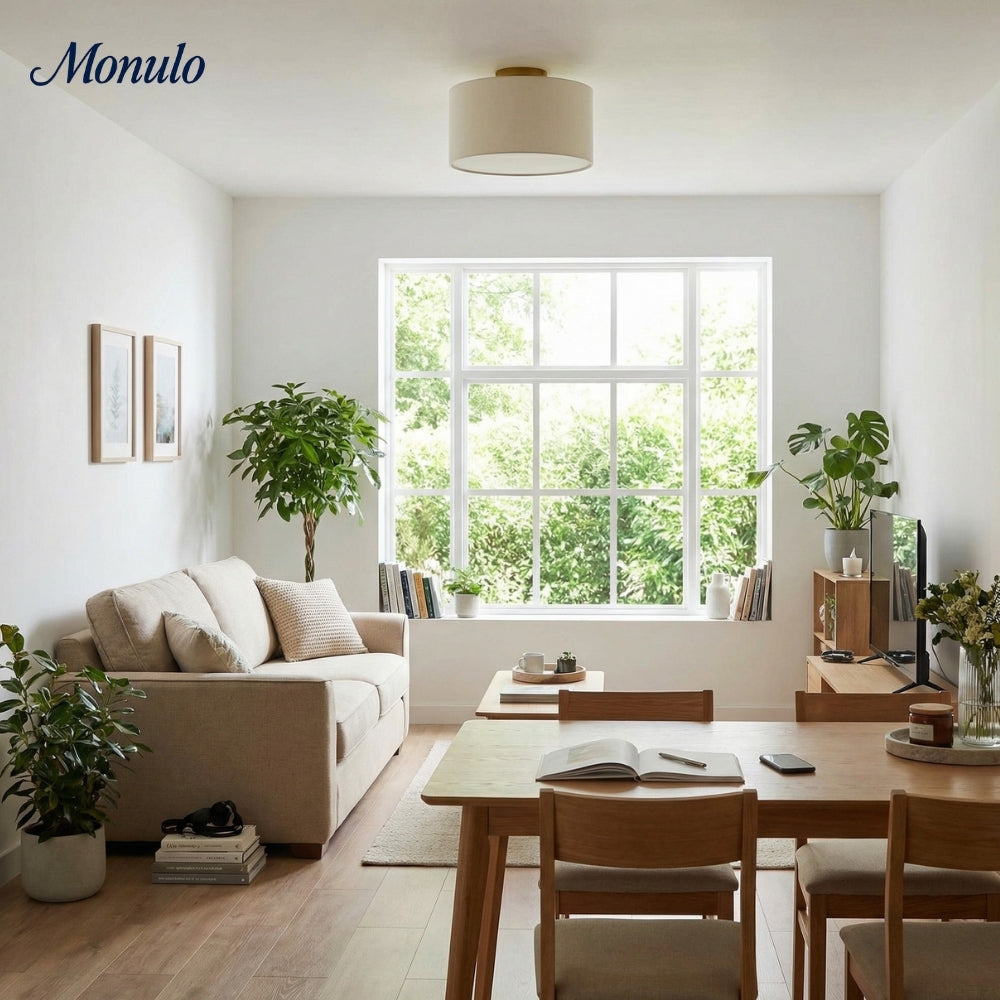 Lámpara de techo empotrada Jelvane Linen Drum: moderna lámpara de techo de tela para dormitorio