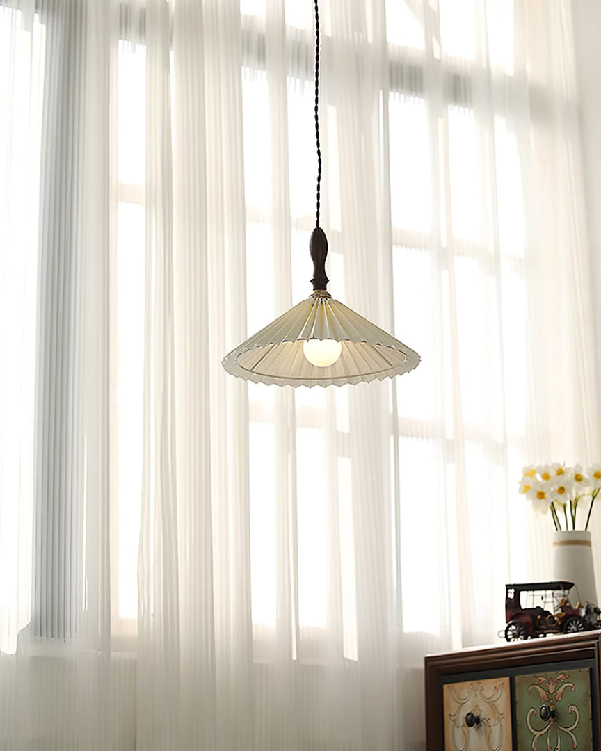 White Fabric Walnut Brass Plug-In Pendant