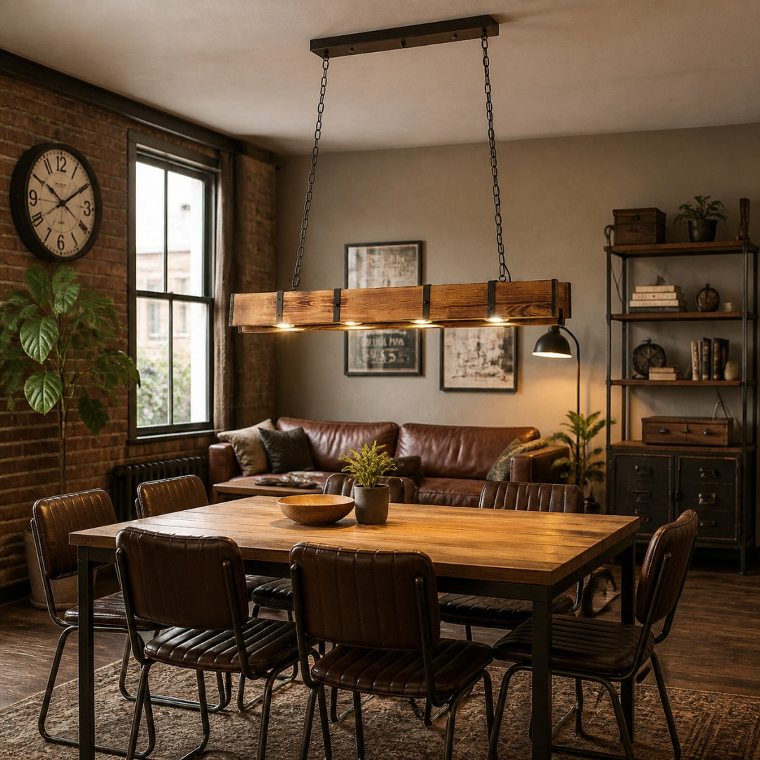 Rustic Wood Bar Pendant Light with Spotlights