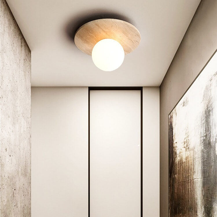 Japanese Round Yellow Travertine Shade Semi-Flush Mount Ceiling Light M12