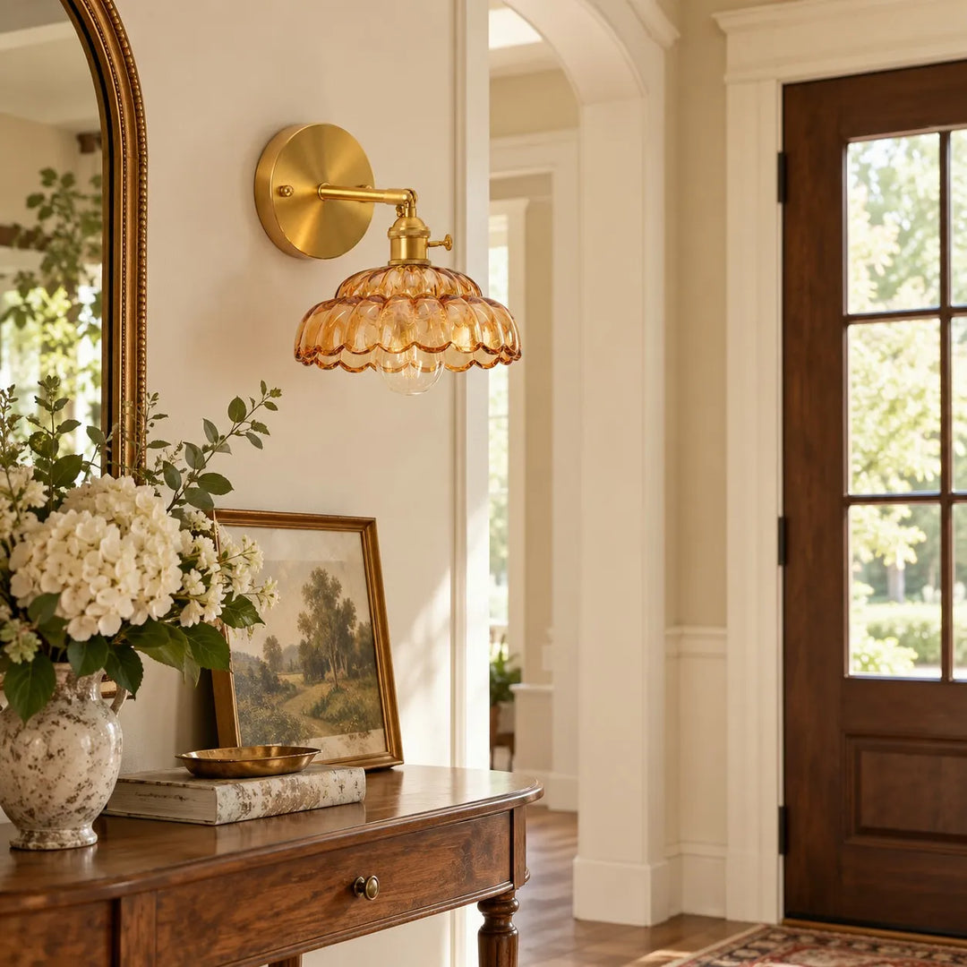 Vintage Brass Puff-Skirt Glass Wall Lamp