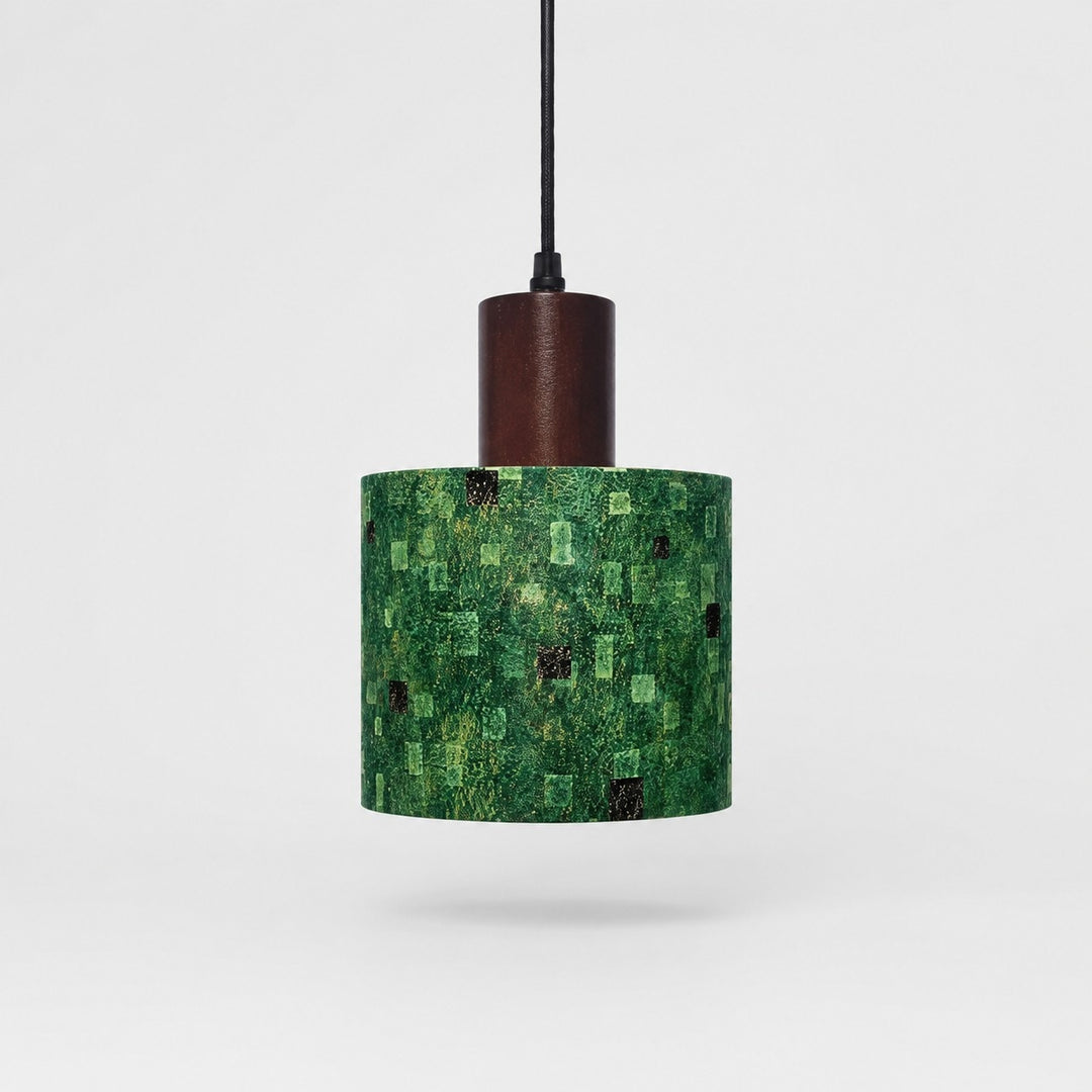 Green gilded patterned fabric drum pendant light, 16 cm shade