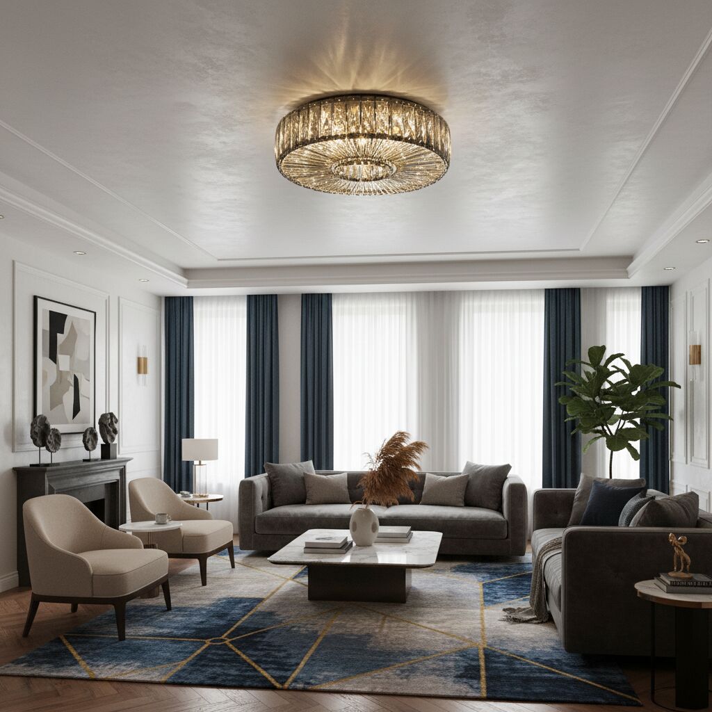 Glomar Glass Round Flush Ceiling Light - Modern Metal Glass Finish Living Areas