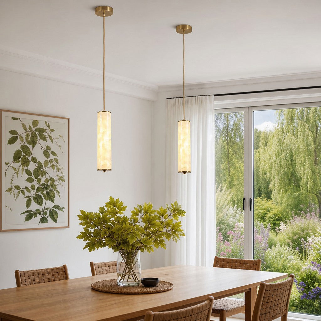 Nacrelith Capiz Shell Cylinder Brass Pendant Light - Nordic Bedroom Lighting