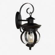 Black outdoor wall lantern with seeded glass shade