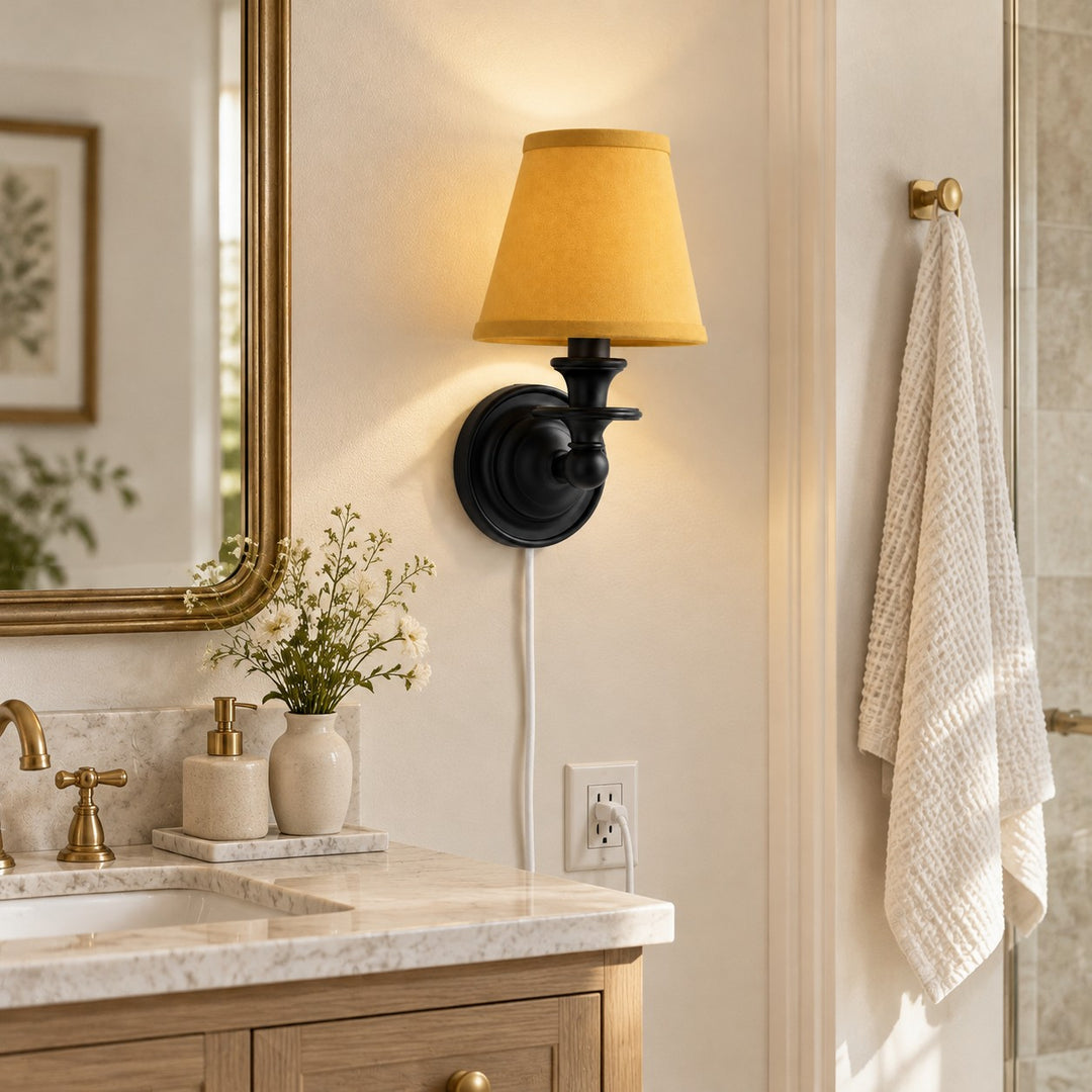 Rowan No-Wire Flat Drum Shade Wall Sconce – Plug-In Fabric Wall Light