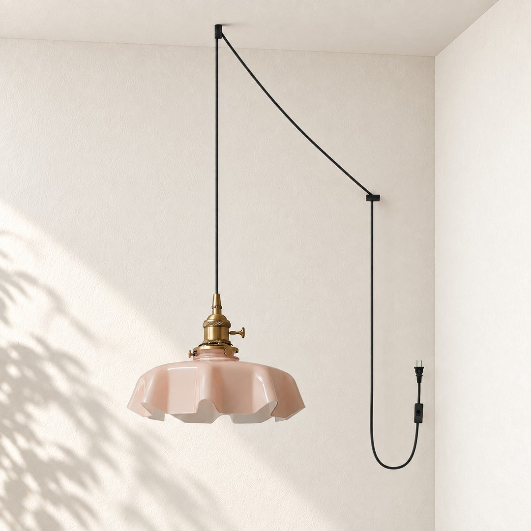 Pleated Glass Antique Brass Plug-In Swag Pendant